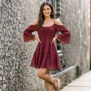 Vivid Importers NY Cold Shoulder Mini Dress A-Line Crochet Lace Bell Sleeves XL
